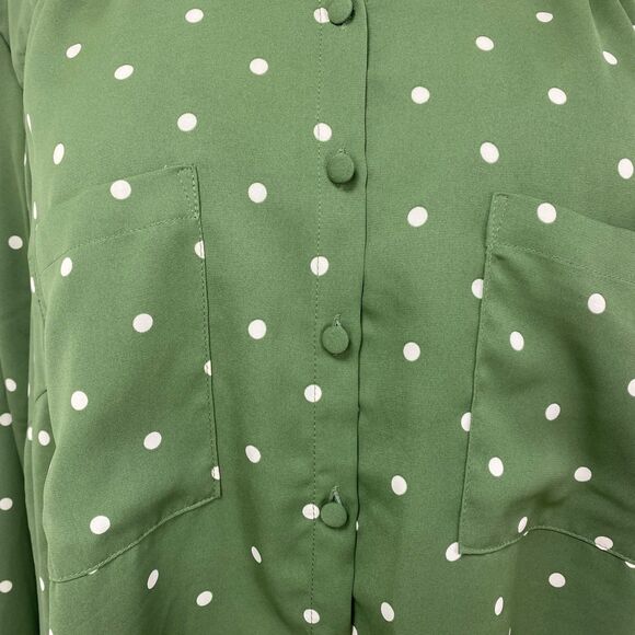 Torrid 2 Moss Green Blouse White Polka Dot Long Sleeve Pockets Button Front Flaw - Picture 5 of 13